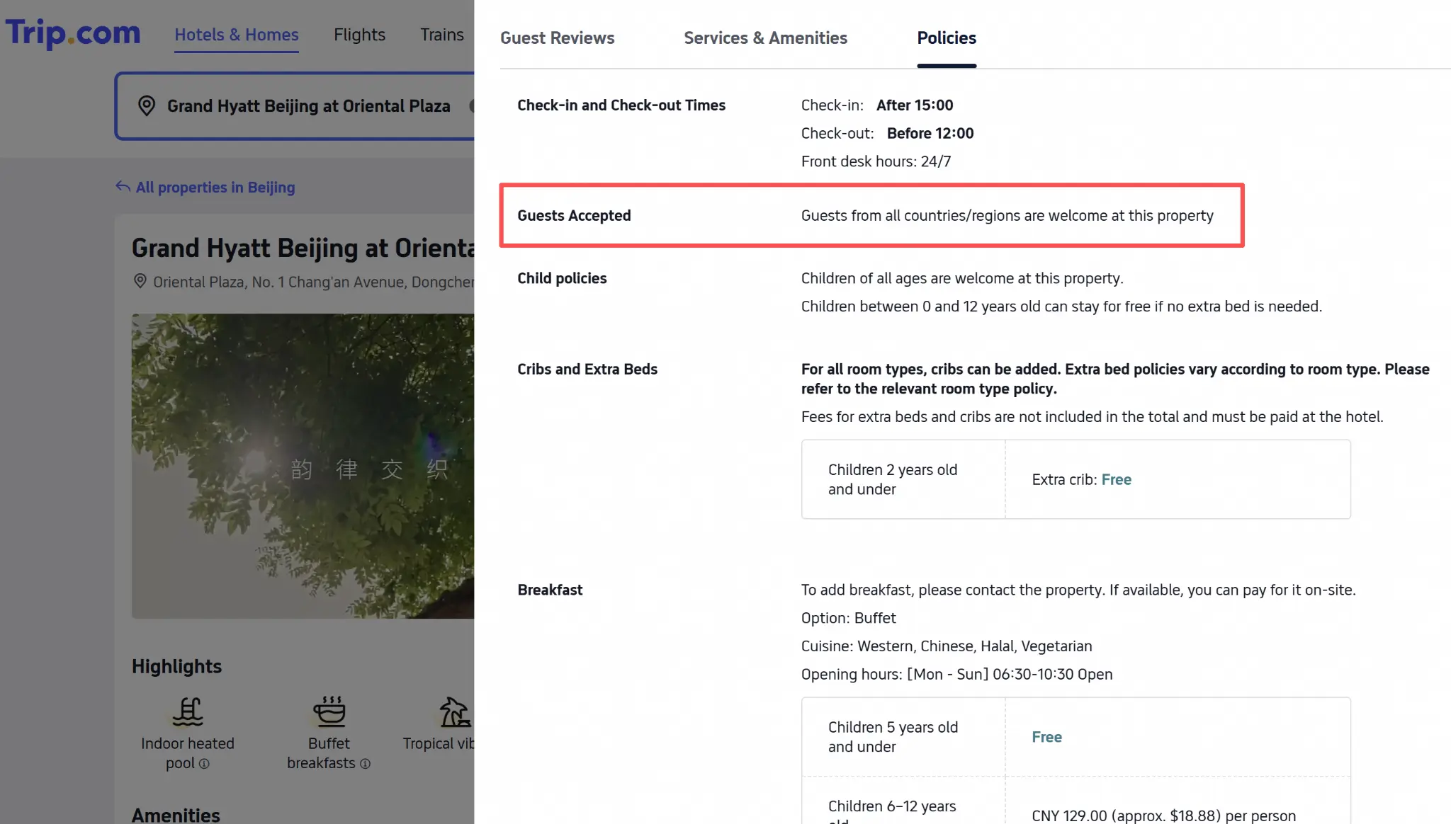 Trip.com hotel policy showing Guests Accepted from all countries/regions