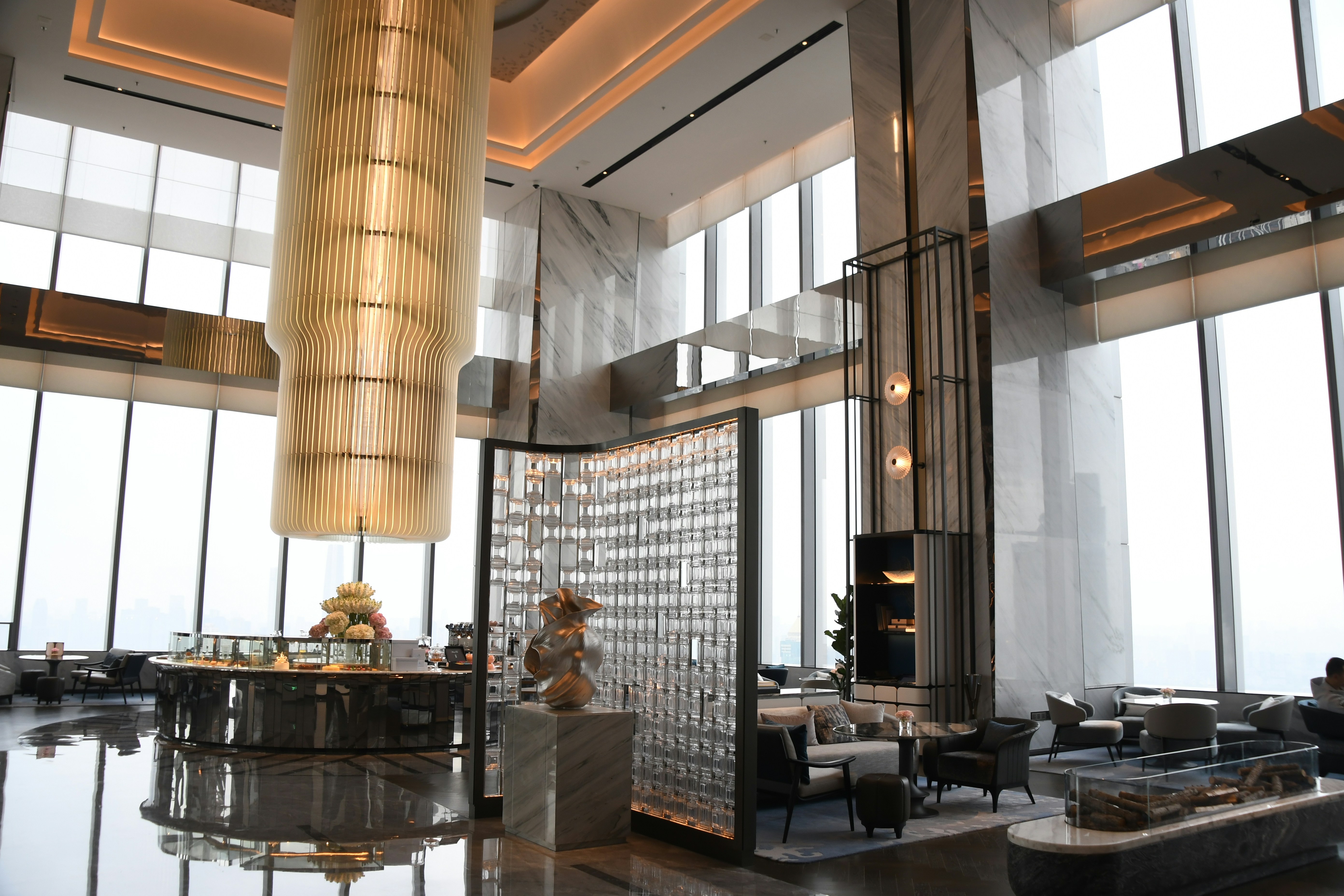 Modern hotel lobby with large windows